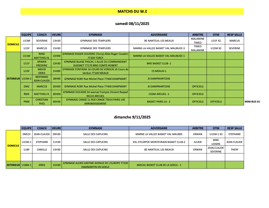 Match du week-end 08 et 09 novembre