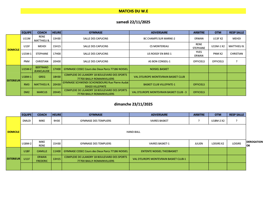 Match du week-end 22 et 23 novembre