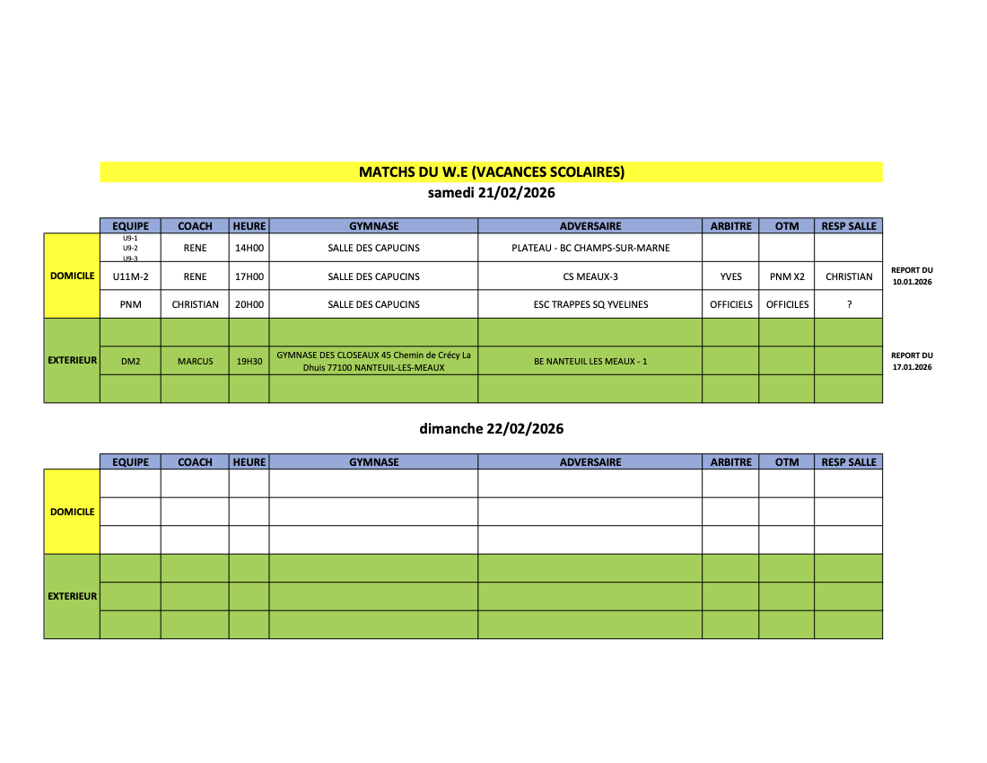 MATCHS DU W.E (VACANCES SCOLAIRES) 21 février