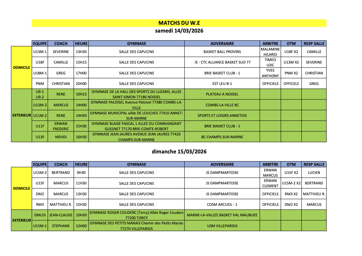 Match du week-end 14 et 15 mars