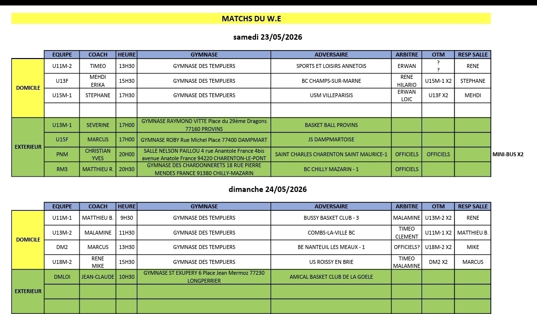 Match du week-end 23 et 24 mai