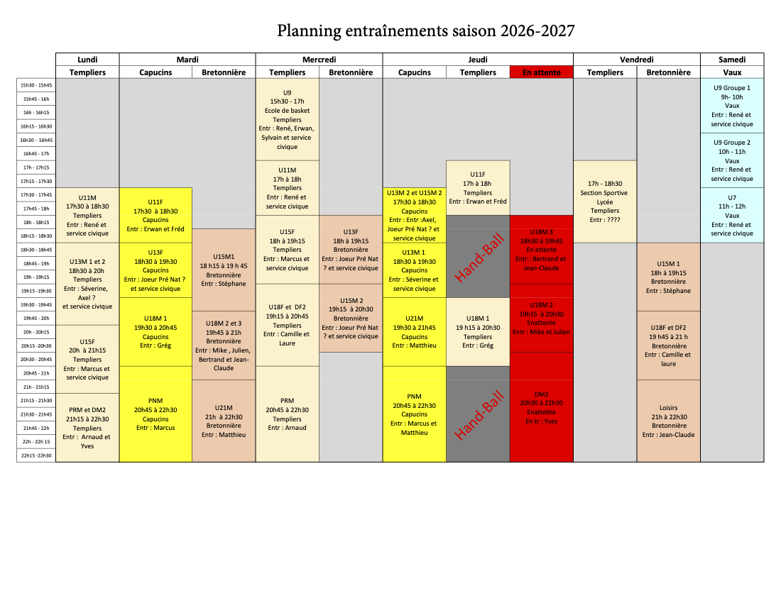 Planning entrainements saison 2026-2027