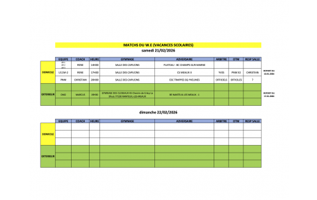 MATCHS DU W.E (VACANCES SCOLAIRES) 21 février