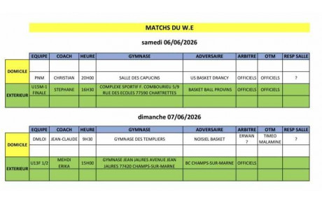 Match du week-end 06 et 07 juin
